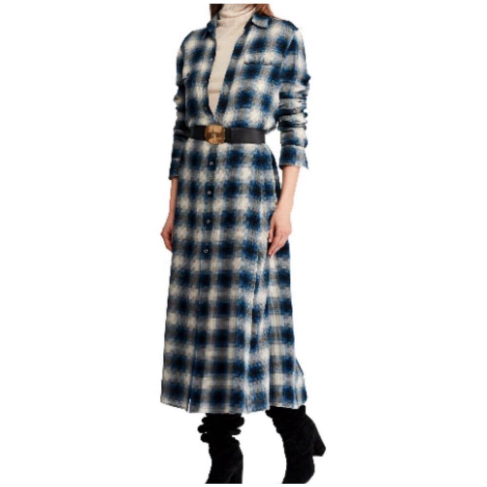 Polo Ralph Lauren Blue Plaid Twill Maxi Shirt Dress With Tie Belt Women’s Sz 10